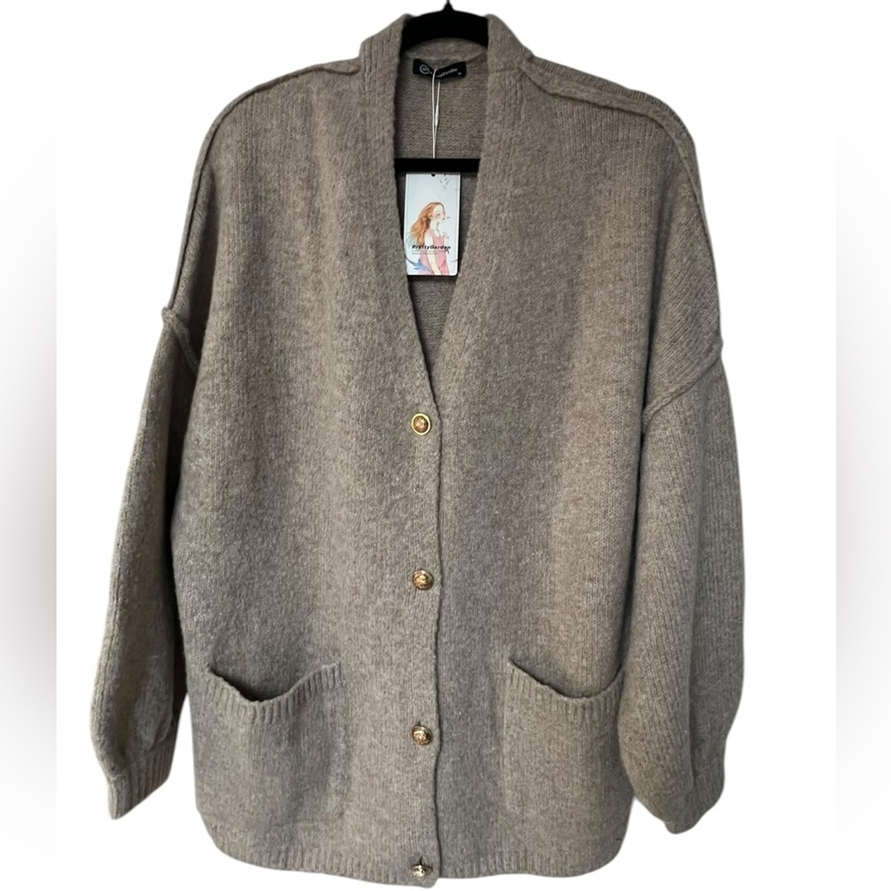 PrettyGarden Oversized Beige Cardigan Medium Cozy Button‎ Front Knit Sweater New